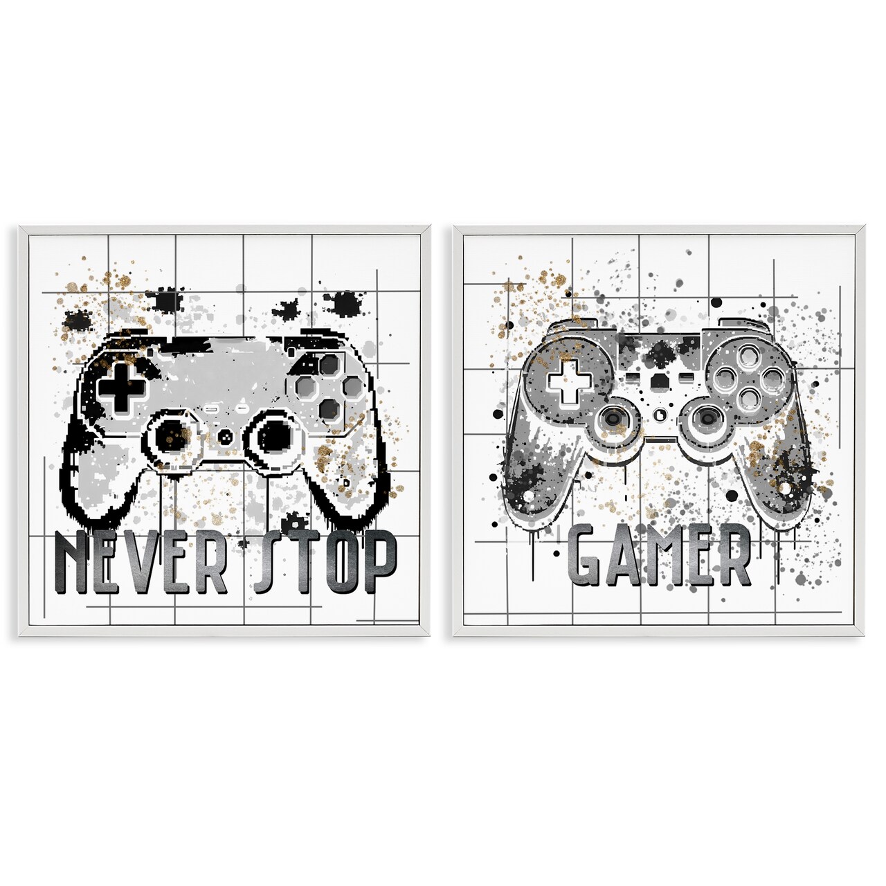 Stupell Industries Gamer Words with Modern Pixels 2pc Framed Giclee Set, design by Kim Allen